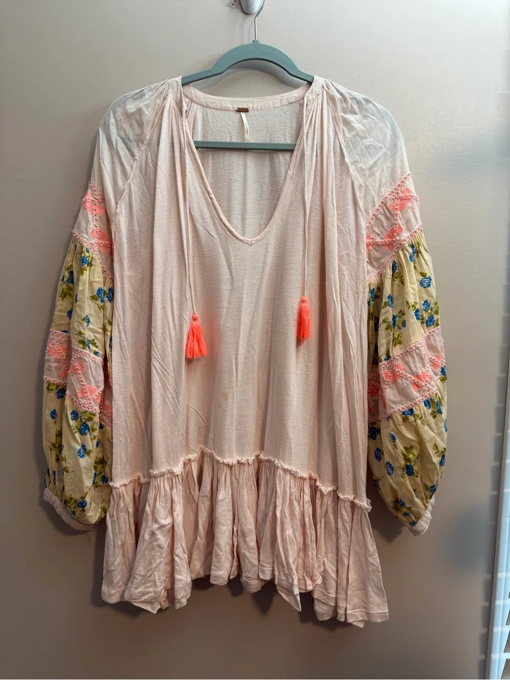 Free People Blush Peasant Tunic with Floral Balloon Sleeves